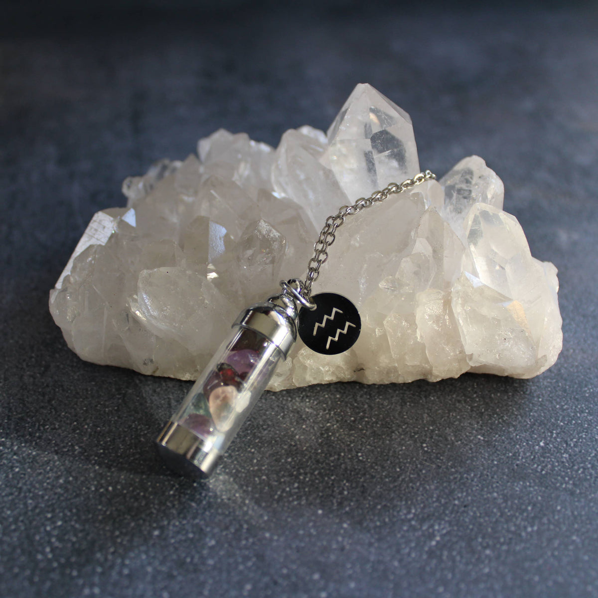 Aquarius Crystal Vial Necklace, Zodiac Astrology Witchy Gift