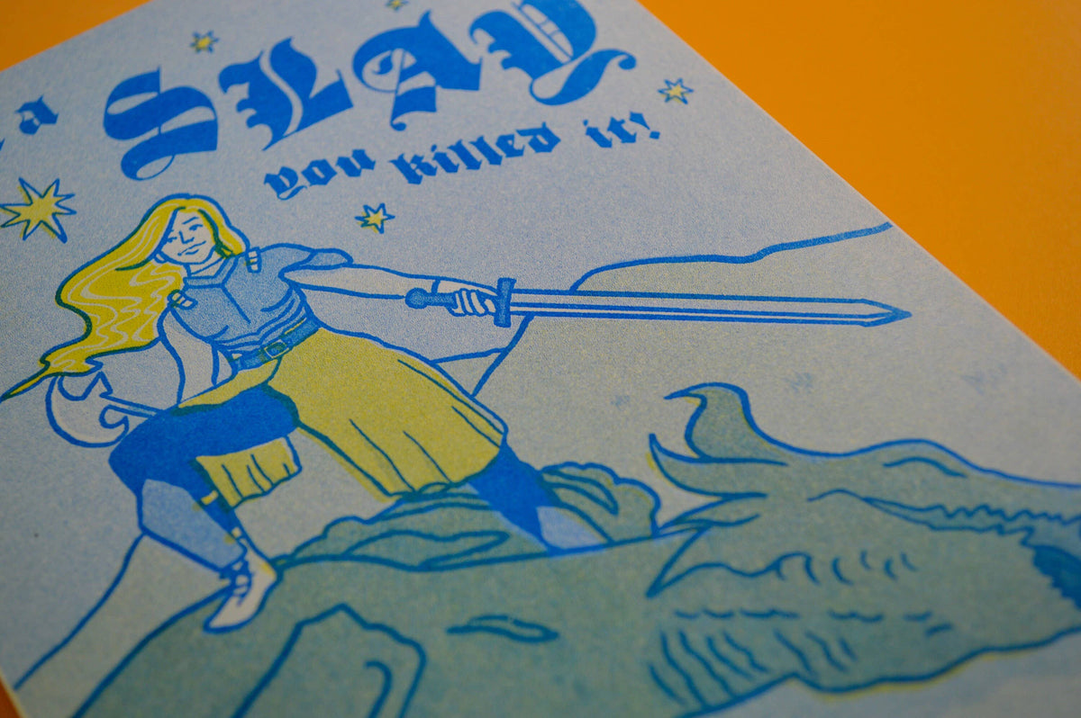 Knight Dragon Slay Risograph Greeting Card