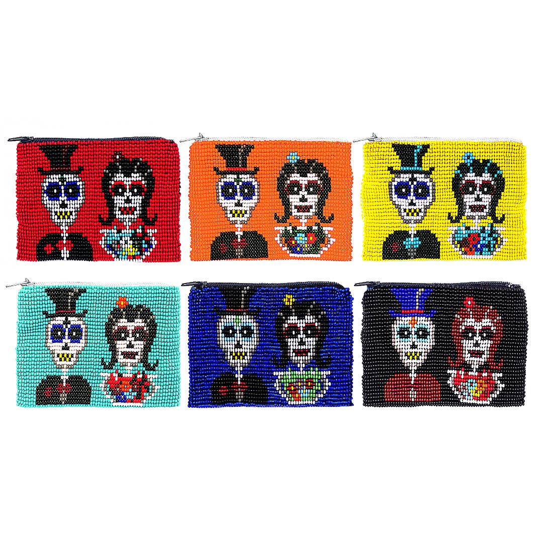 Beaded Day of the Dead Seed Bead Coin Purse Pouch