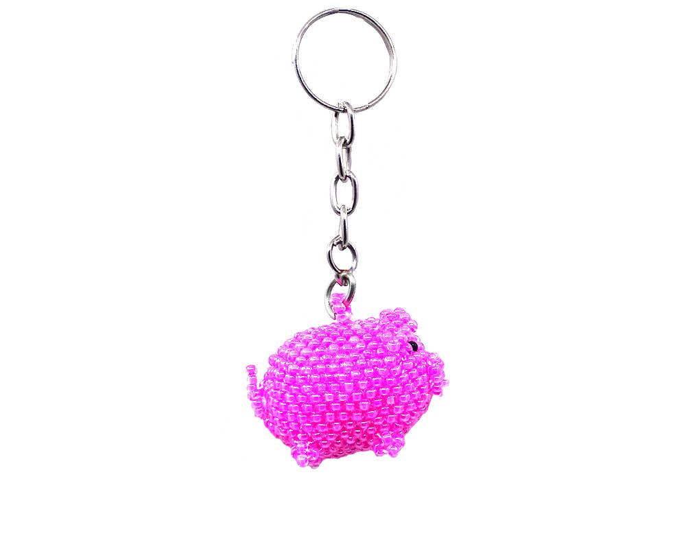 Beaded Pink Pig Seed Bead Figurine Keychain