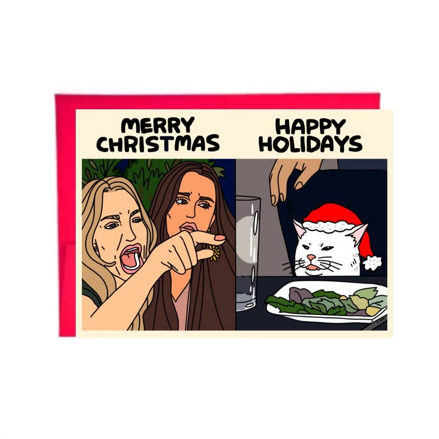 Greeting Card - Woman vs Cat Christmas Meme