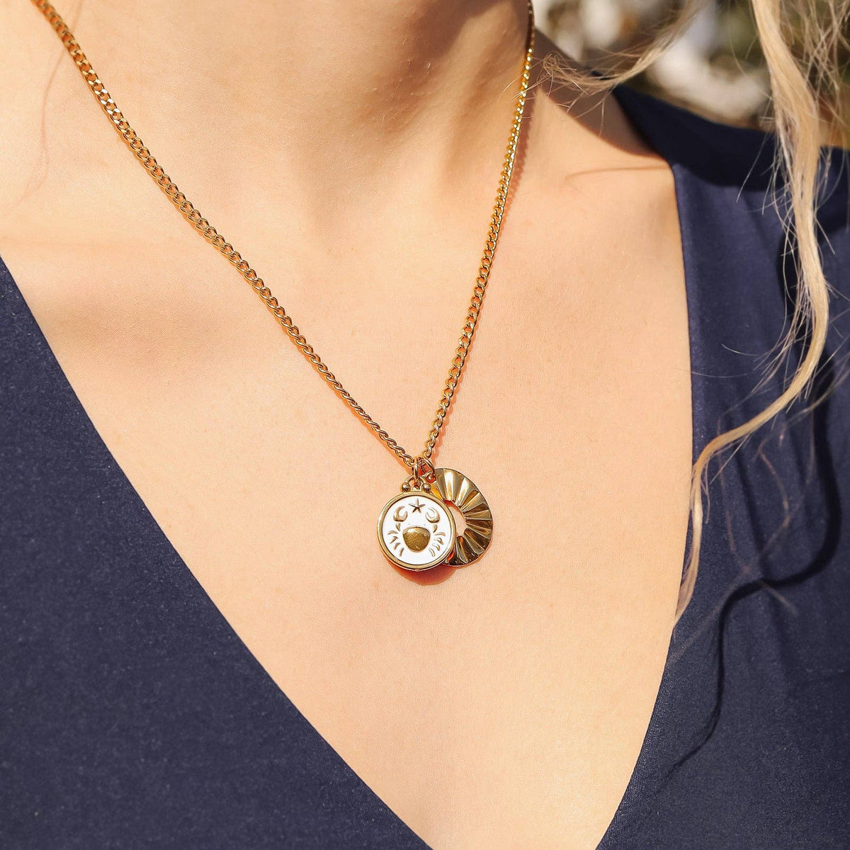 18K Gold PVD Stainless Steel Epoxy Filled Zodiac Pendants: Cancer