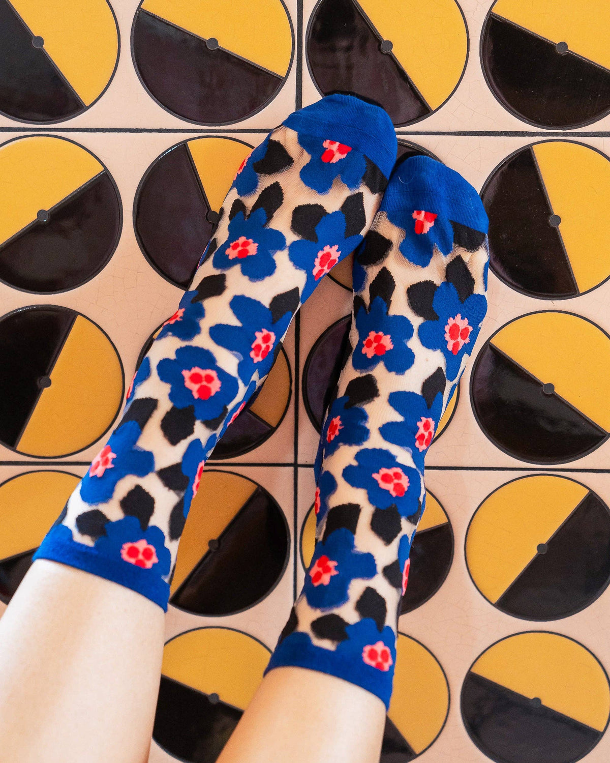Bold Blue Floral Sheer Crew Sock: Size I: Fits US W5.5-10