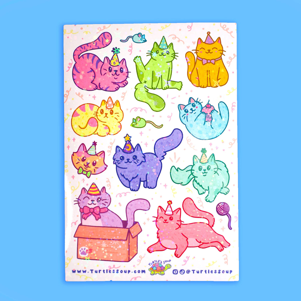 Birthday Cats Cute Kawaii Party Glitter Sticker Sheet