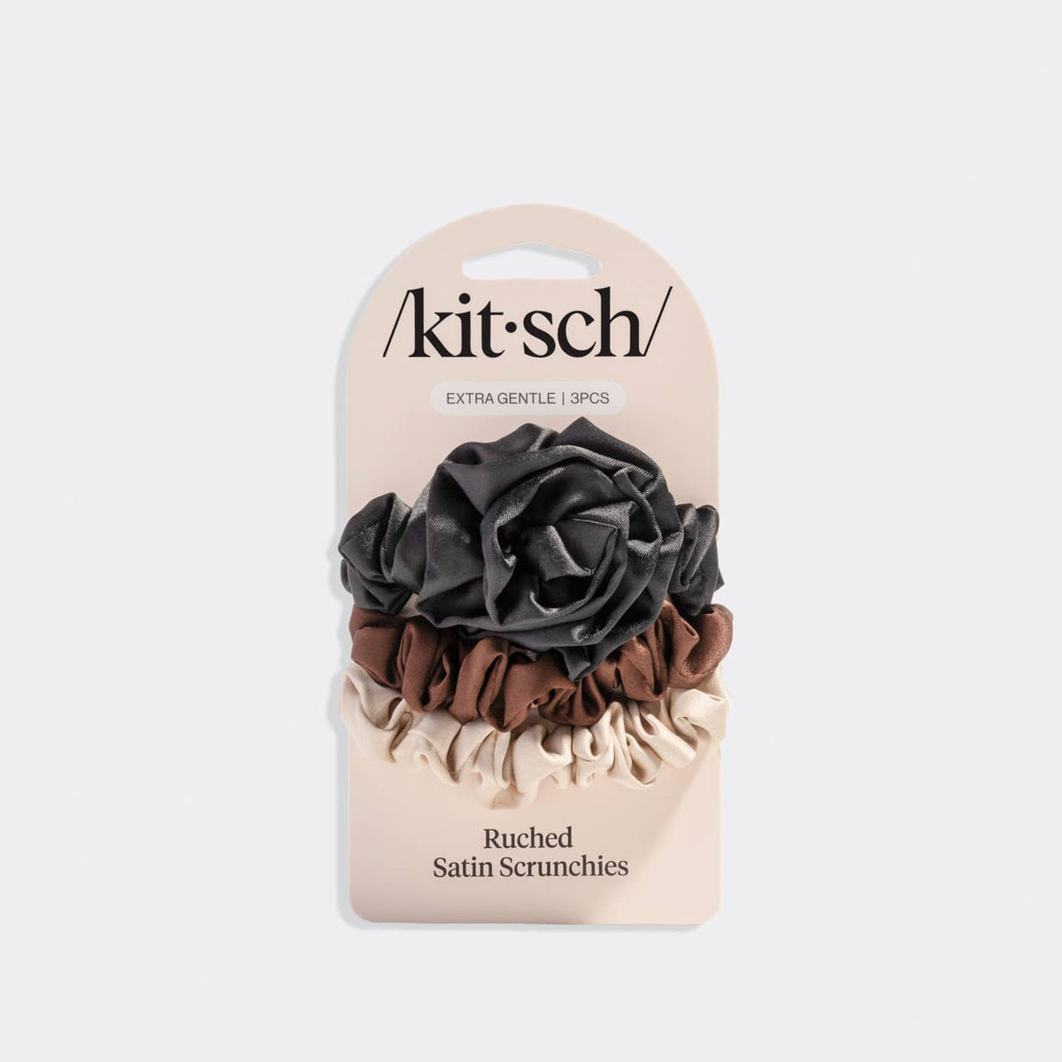 Rosette Ruched Satin Scrunchies 3pc Set - Black