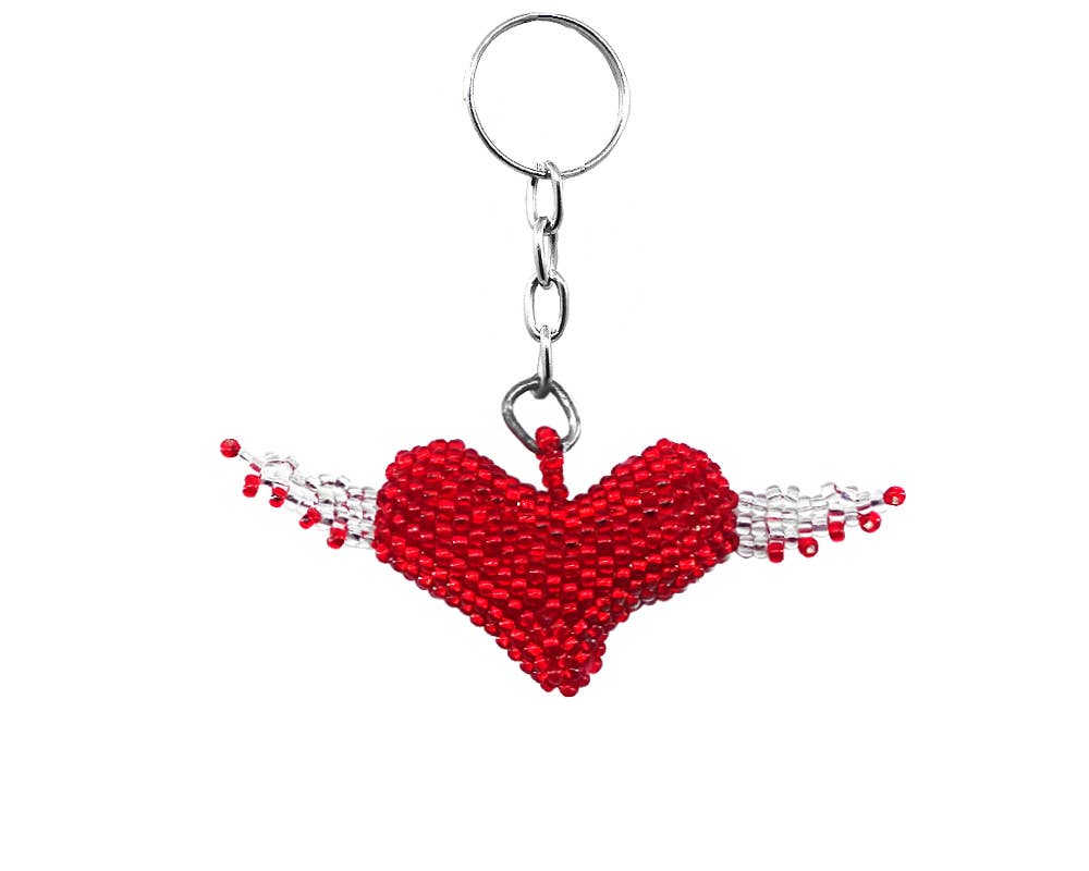 Beaded Heart with Wings Seed Bead Figurine Keychain