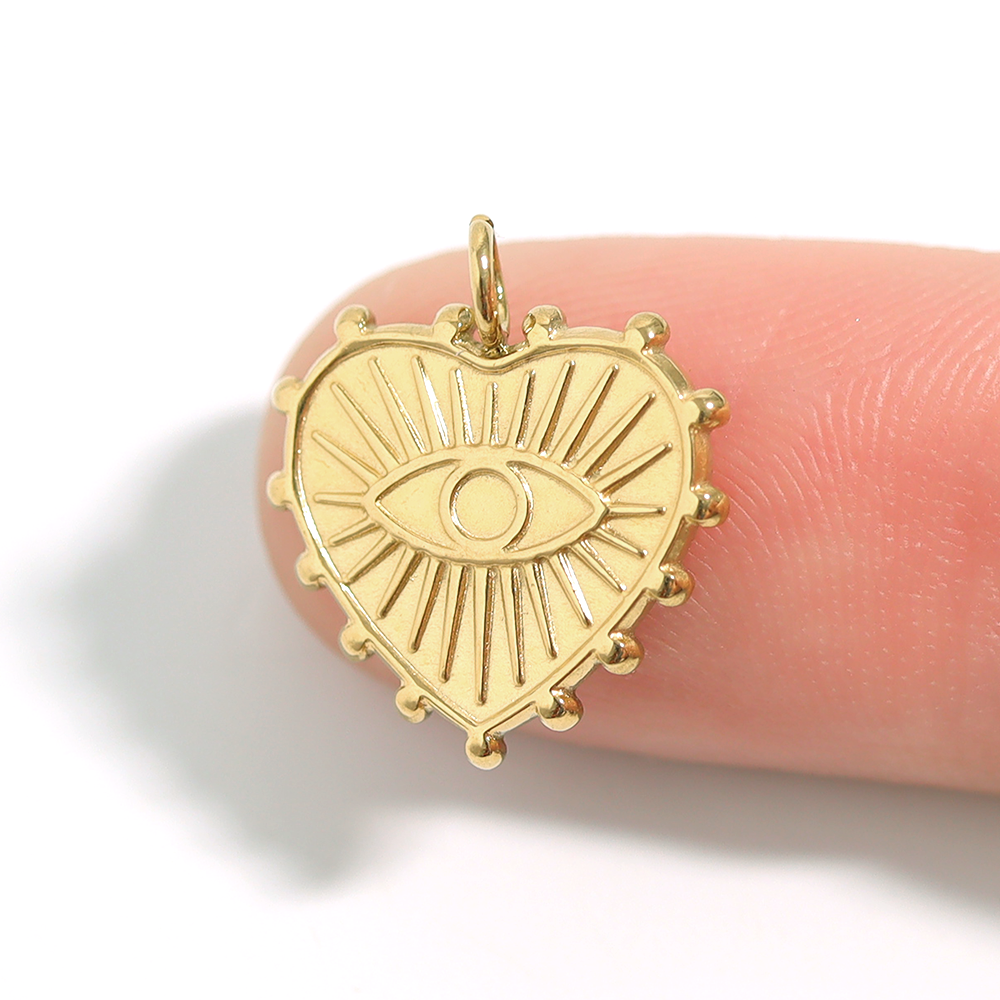 18K Gold PVD Stainless Steel Textured Heart Evil Eye Charm: Gold