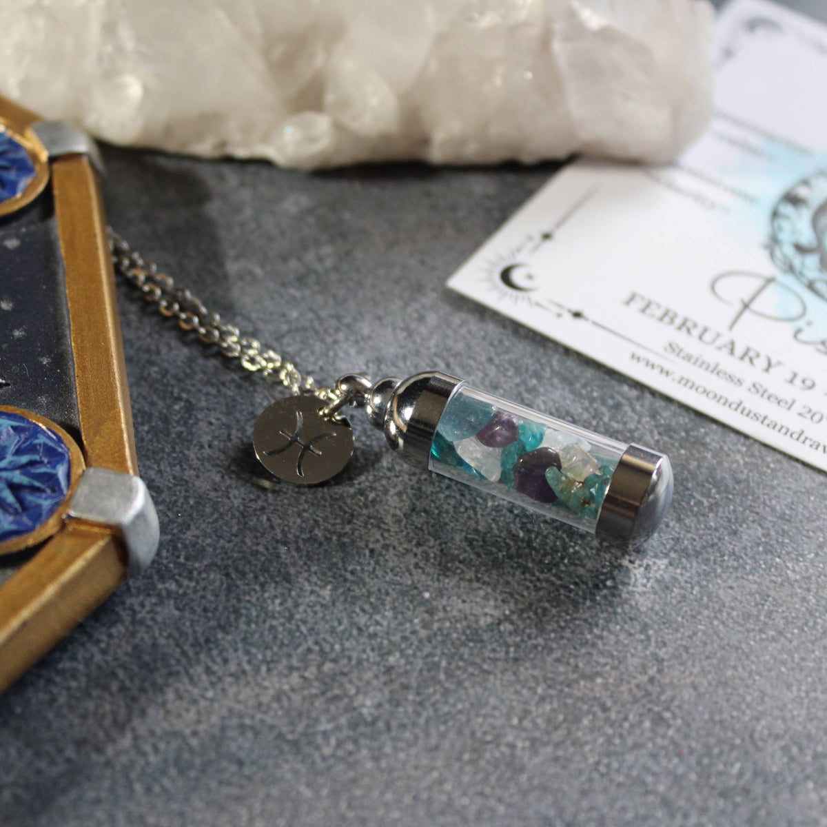 Pisces Crystal Vial Necklace, Zodiac Astrology Witchy Gift