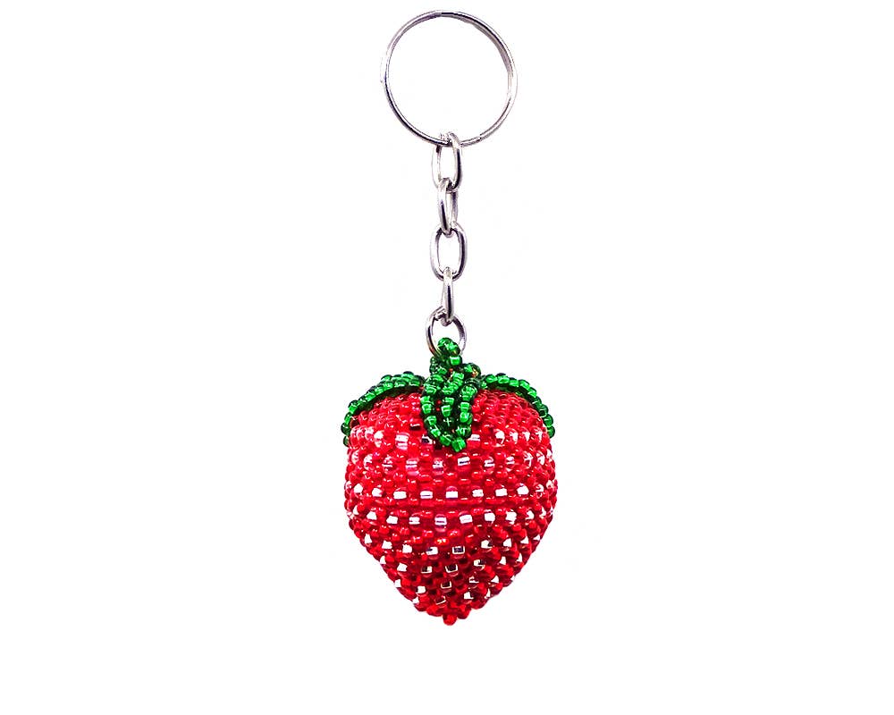 Beaded Strawberry Seed Bead Figurine Keychain