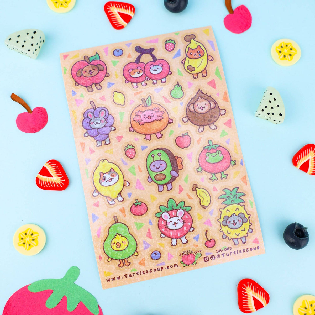 Fruit Friend Animals Funny Cute Kawaii Glitter Sticker Sheet