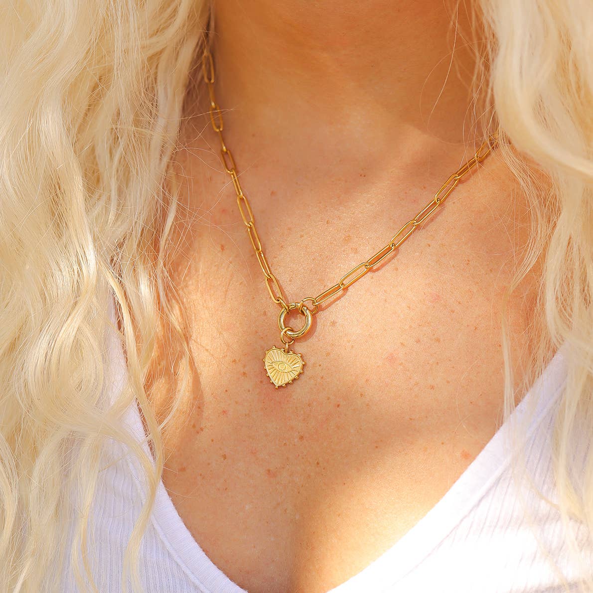 18K Gold PVD Stainless Steel Textured Heart Evil Eye Charm: Gold
