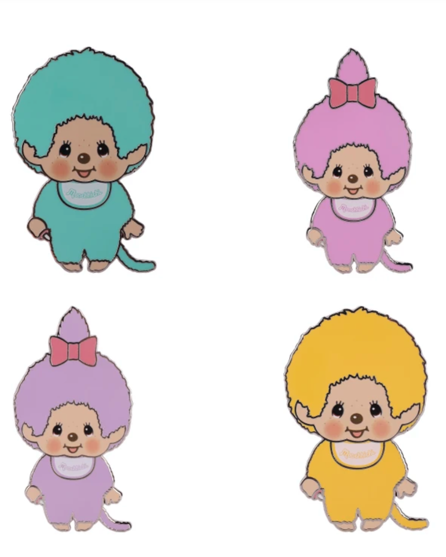 Four cartoon monkey characters arranged in a 2x2 grid on a white background, each wearing a different pastel outfit color: teal, pink, lavender, and mustard yellow.