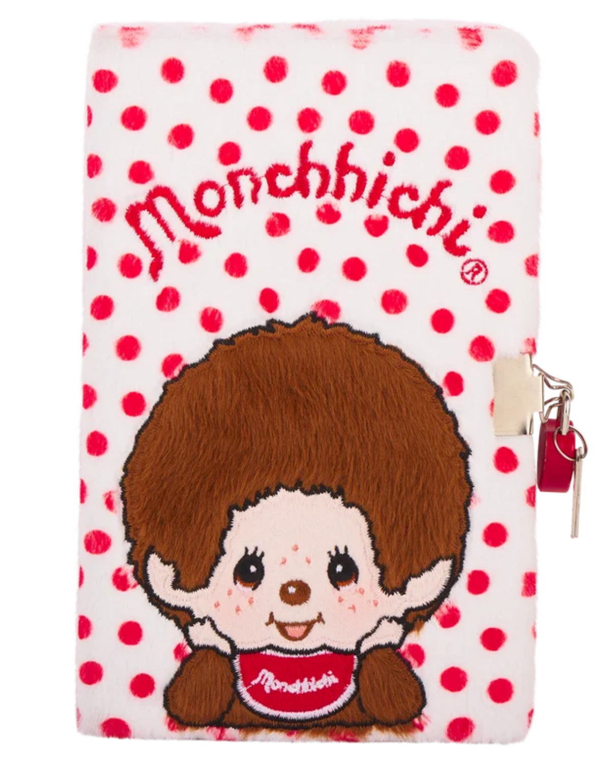 A Monchhichi plush notebook or journal cover featuring a white background with red polka dots, embroidered red 'Monchhichi' text, and a large embroidered character on the front. A zipper with a small red lock and key is visible on the right side.