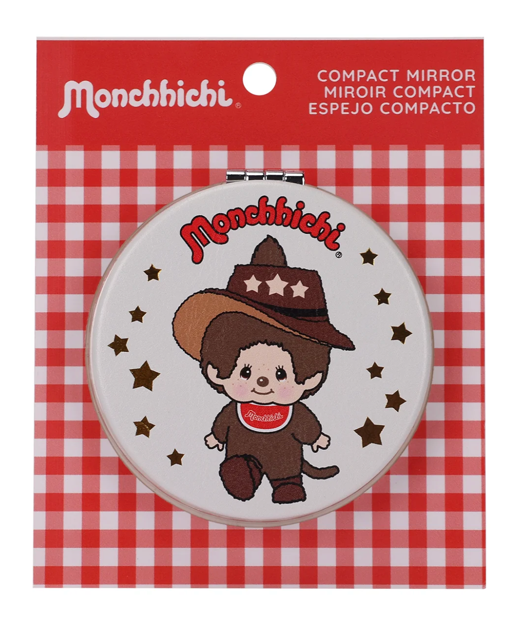 Monchhichi compact mirror in its original red and white gingham retail packaging, featuring the cartoon character Monchhichi on the mirror cover.