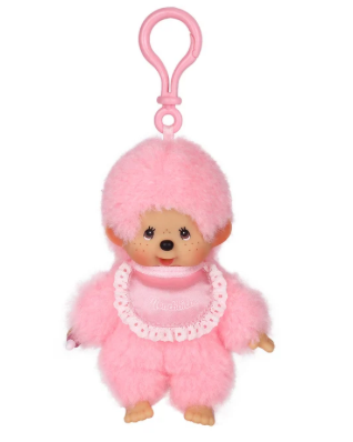 A pink plush monkey keychain with a matching pink clip, featuring a fuzzy body, small embroidered eyes, and a white ruffled bib, shown on a plain white background.