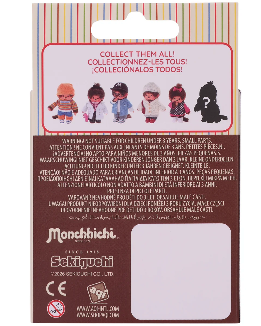 Back of a Monchhichi Seikiguchi collectible packaging box featuring colorful striped borders, a pink collection callout, a warning label, and a white space for writing names.
