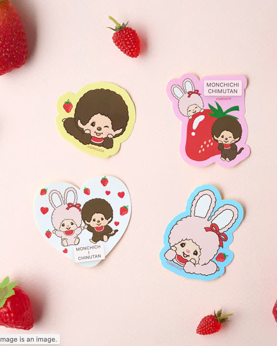 4 stickers with different patterns that include Monchhichi and Chimutan