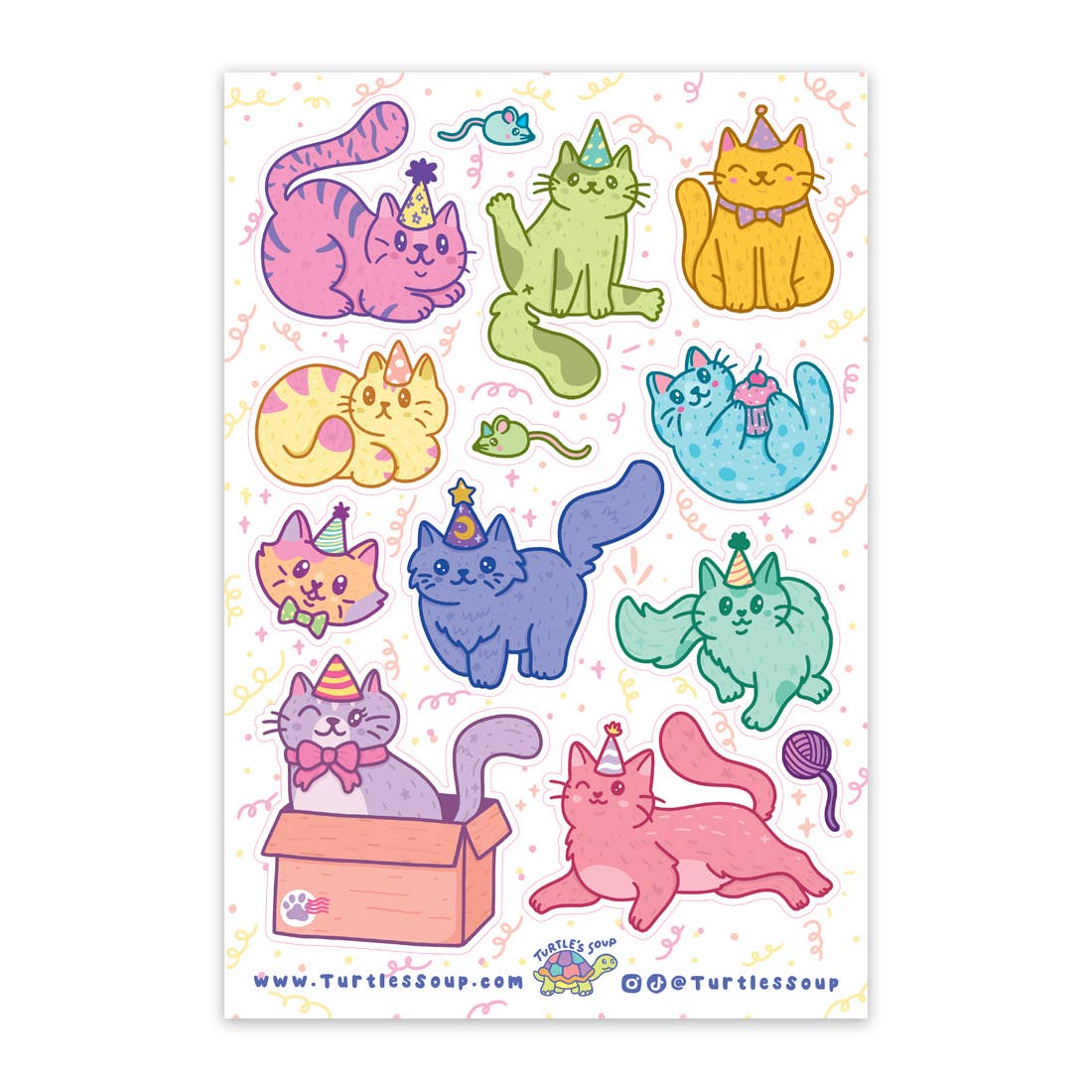 Birthday Cats Cute Kawaii Party Glitter Sticker Sheet