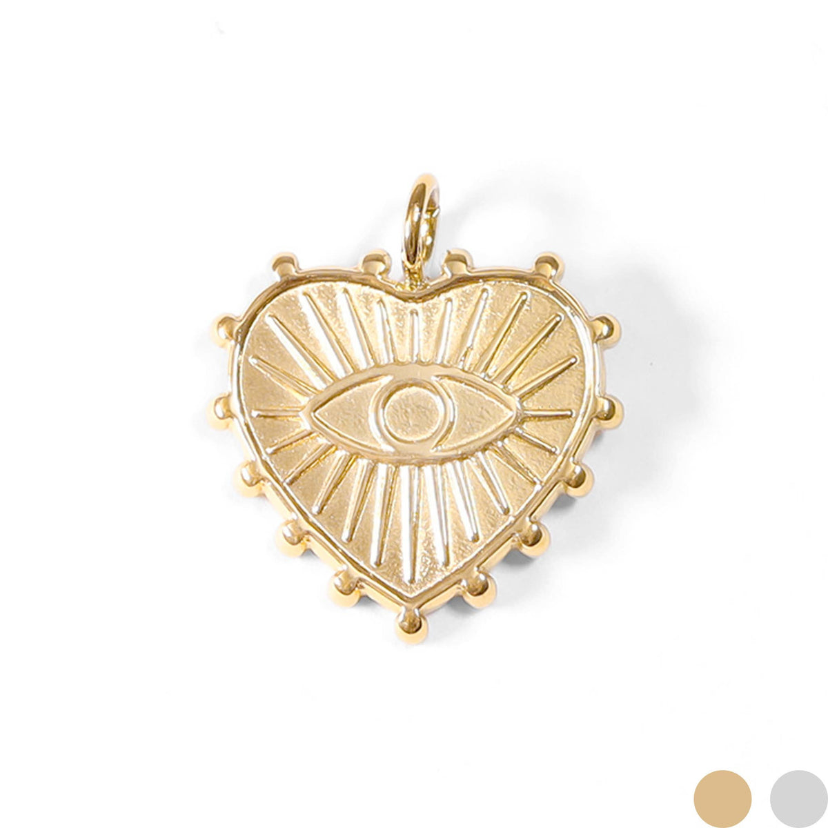 18K Gold PVD Stainless Steel Textured Heart Evil Eye Charm: Gold