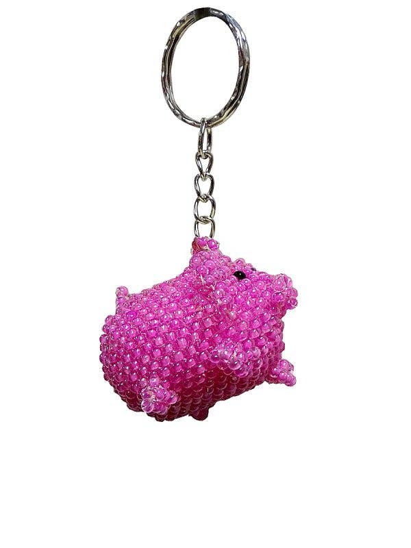Beaded Pink Pig Seed Bead Figurine Keychain