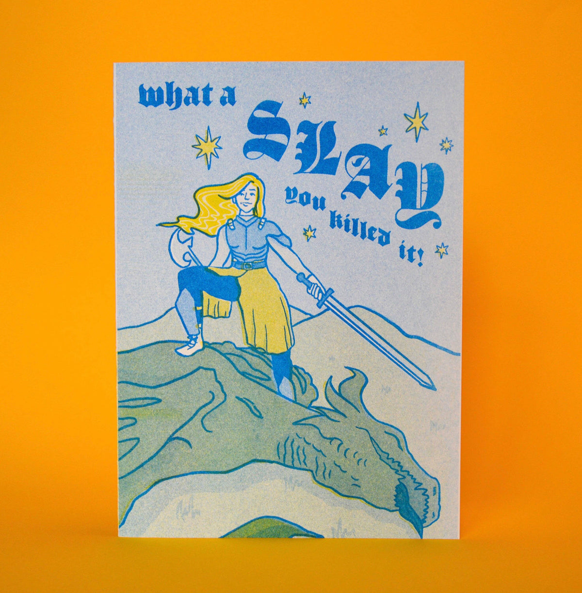 Knight Dragon Slay Risograph Greeting Card