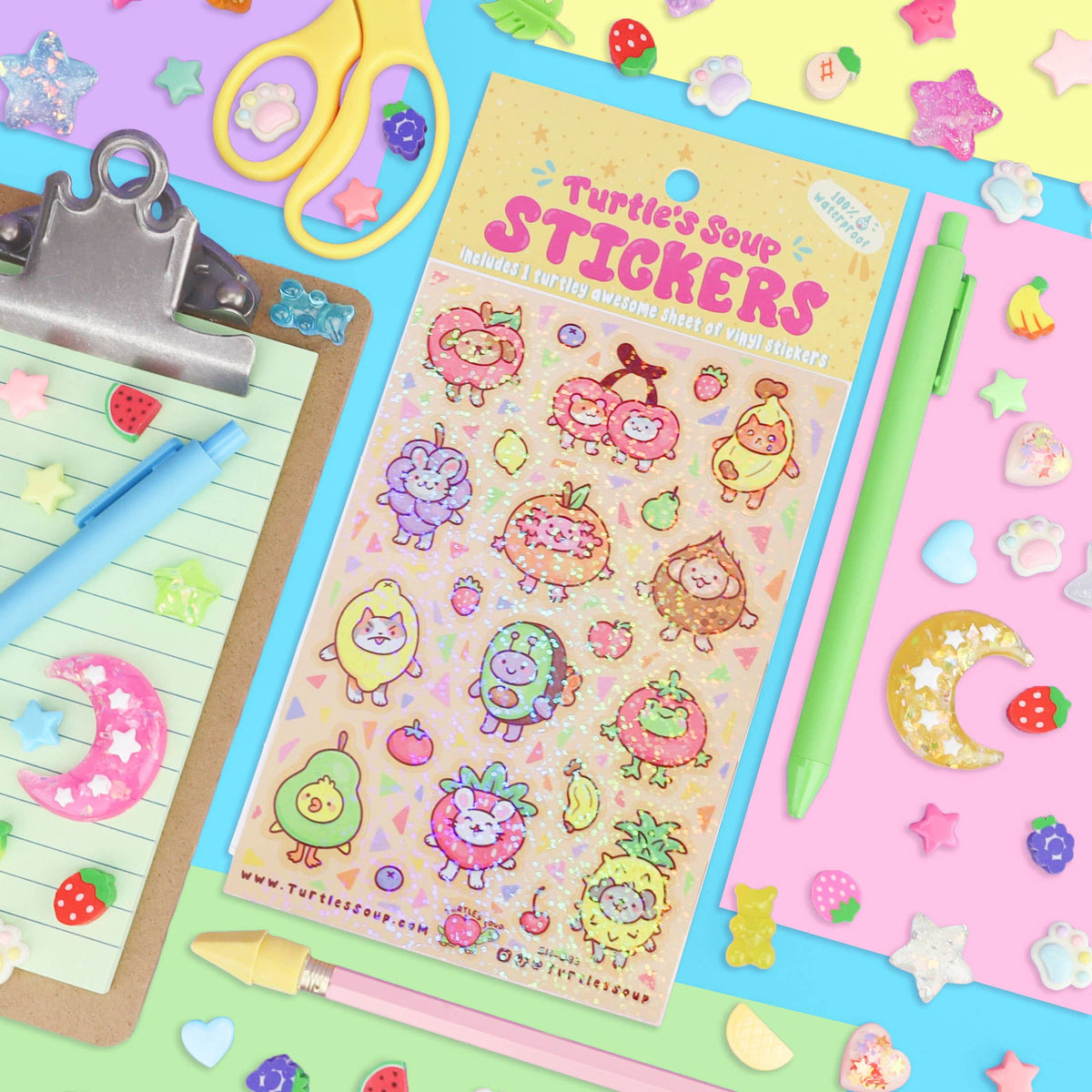 Fruit Friend Animals Funny Cute Kawaii Glitter Sticker Sheet