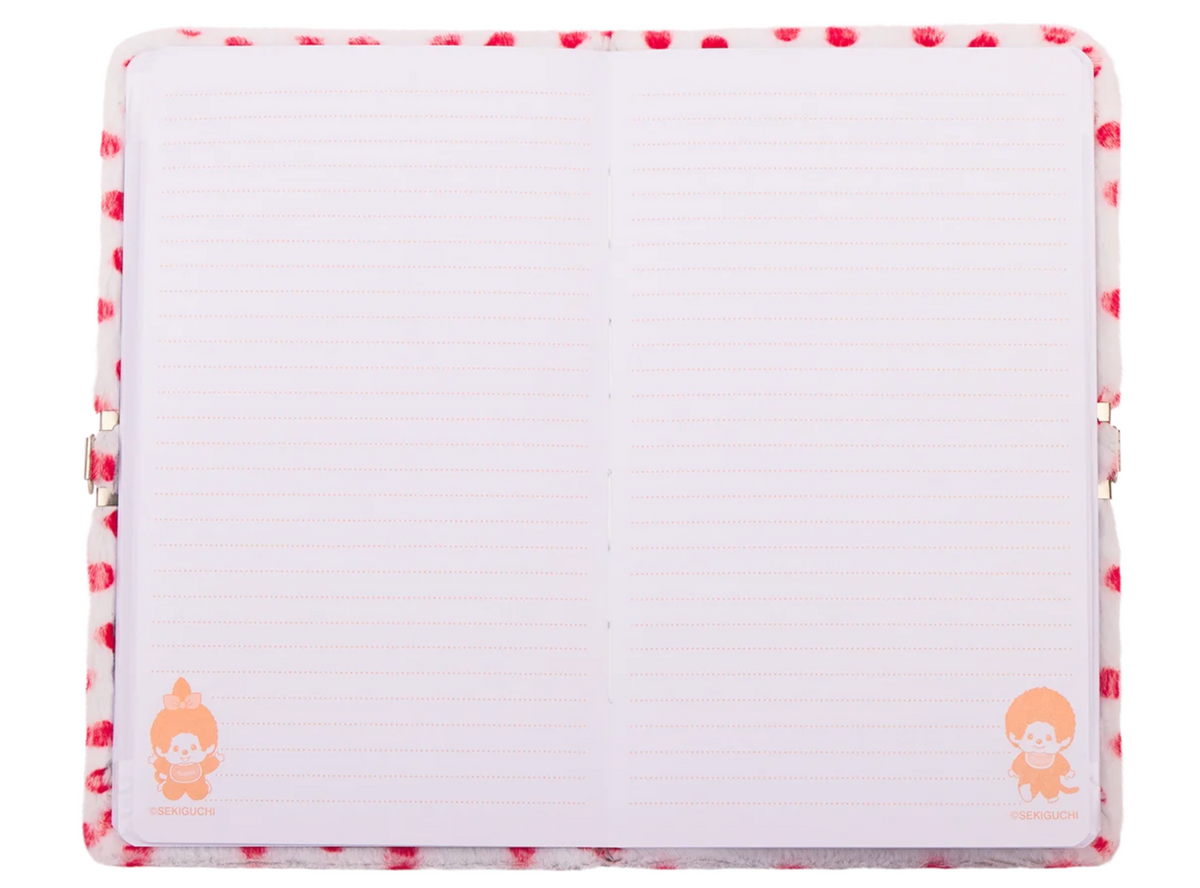 A lined notebook with a white cover and pages, decorated with a red patterned border and small cartoon character illustrations in the bottom corners.