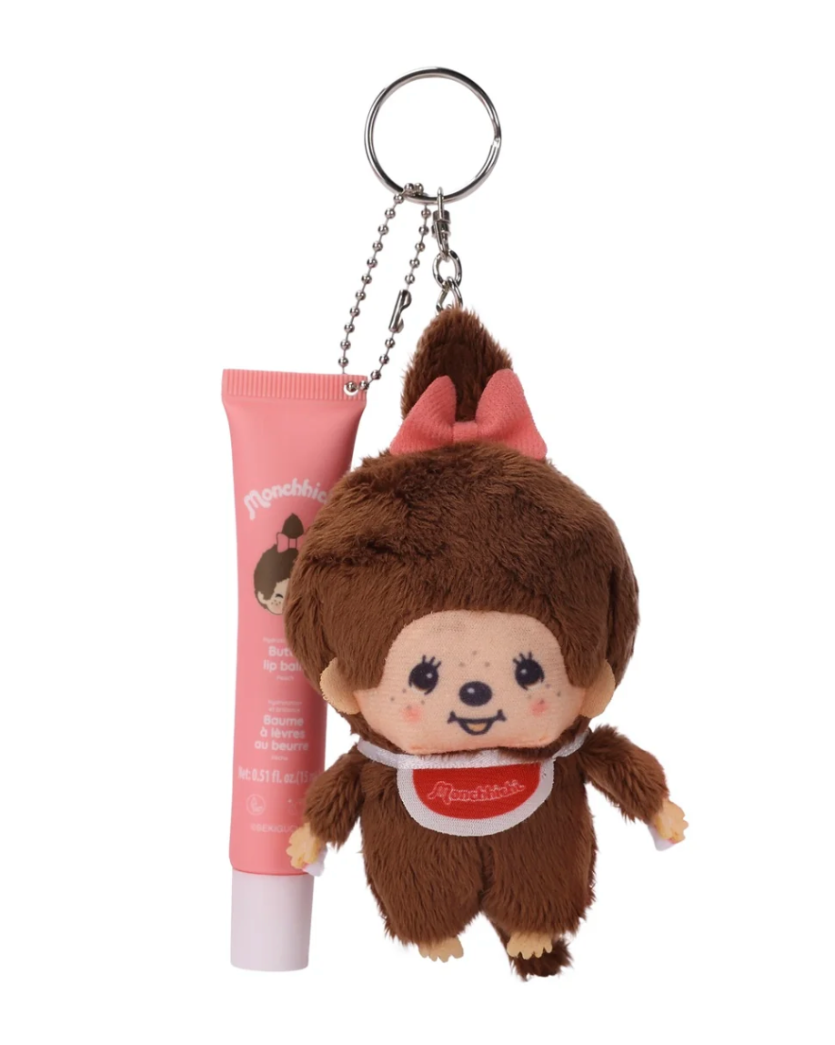 plush monchhichi with pink lip balm