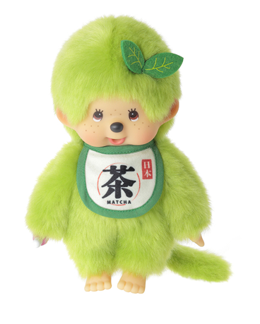 Green plush monkey toy with a 'Matcha' bib on a white background