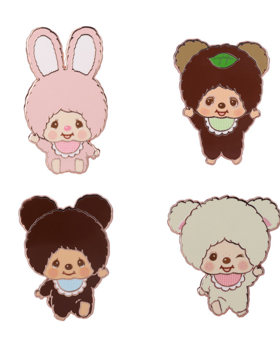 Four cartoon-style enamel pins arranged in a 2x2 grid on a white background. The pins feature cute character designs: a pink bunny, a brown bear with a green leaf, a dark brown bear with a blue bib, and a cream sheep with a pink bib.