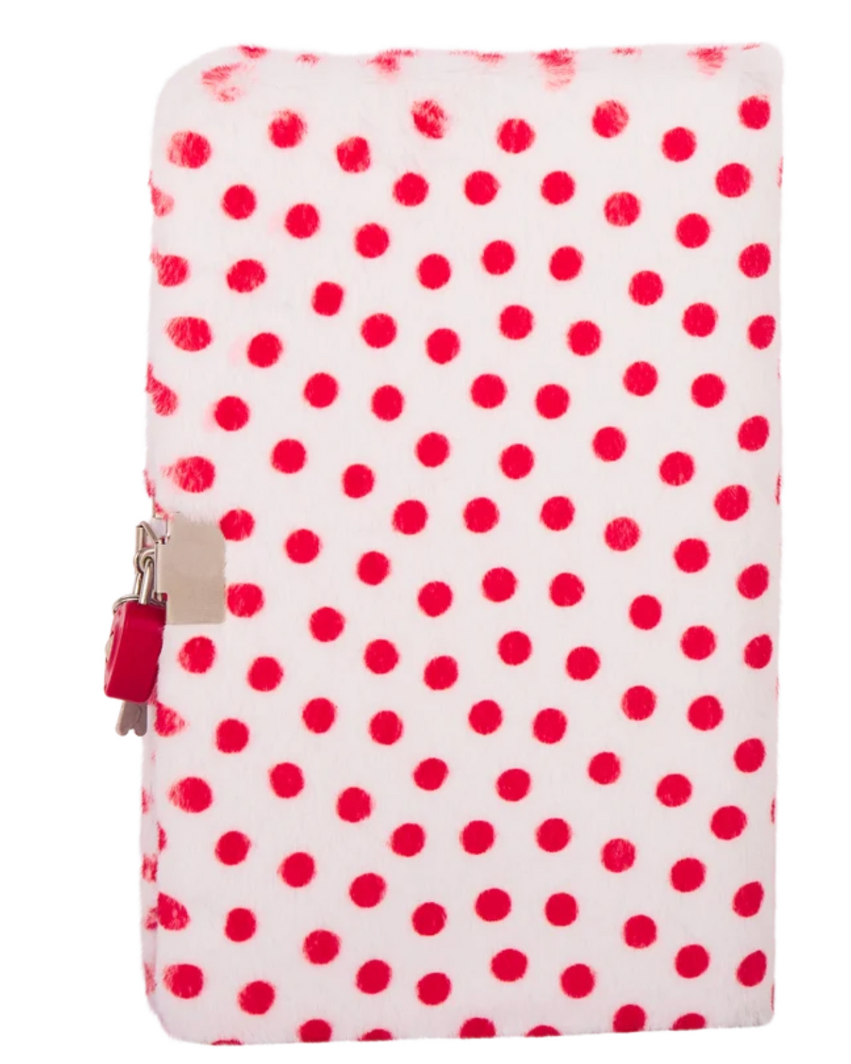 A white notebook or planner cover with a red polka dot pattern, featuring a red zipper and a small red padlock with a silver key on the left side.