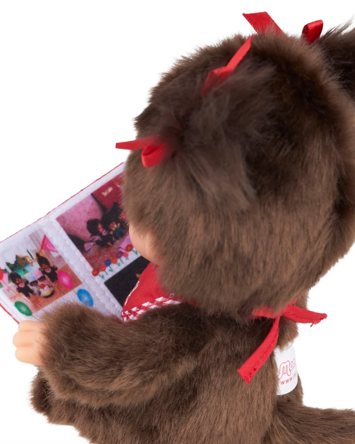 back of doll holding a book