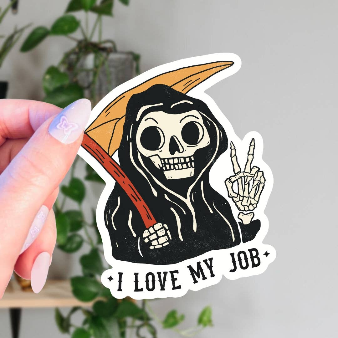 Funny Grim Reaper Peace Sign I Love My Job Sticker